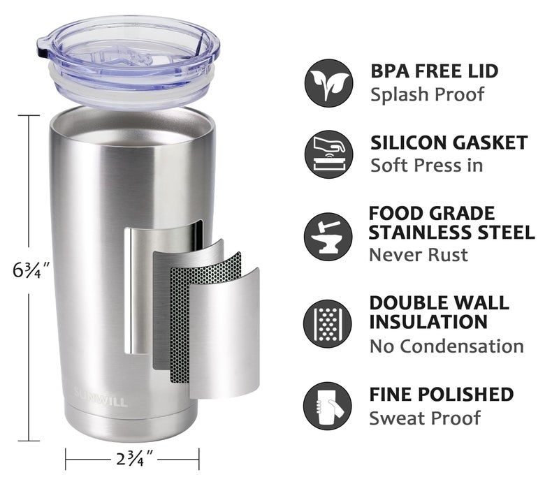 SUNWILL Travel Coffee Tumbler 20 oz, Stainless Steel Mug with Lid, Insulated Cup for Water, Tea, Hot and Cold Drinks, Silver - Image 2